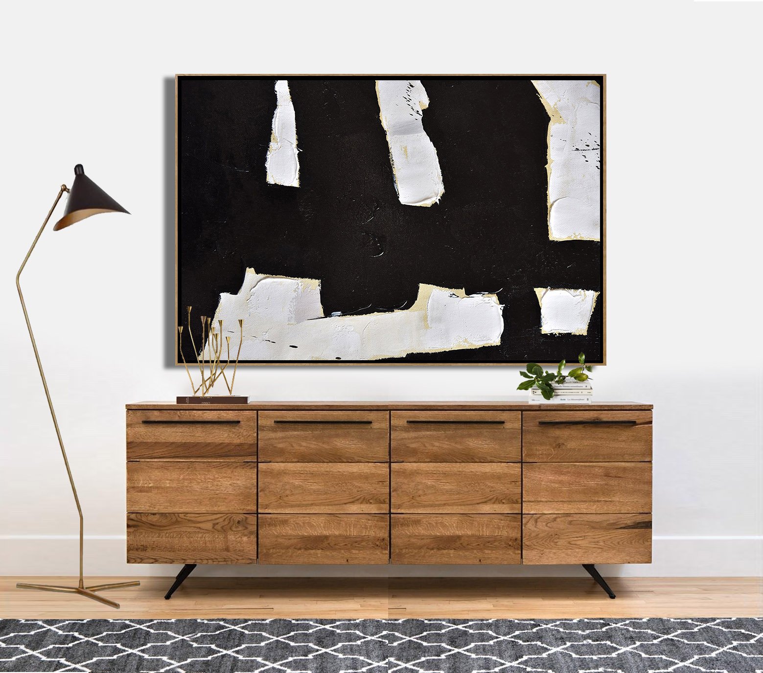 Large Canvas Wall Art For Sale,Horizontal Palette Knife Minimal Canvas Art Painting Black White Beige - Hand-Painted Contemporary Art
